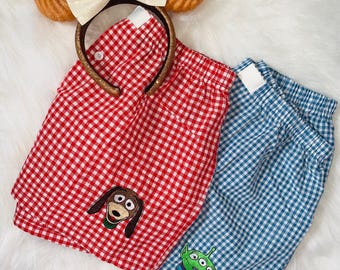 Disney Gingham Boxer Shorts Embroidered Toy Story Alien & Slinky Dog Inspired Pajama Shorts | Cute Disney Vacation Lounge Wear