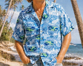 Vintage 1960s BLUE HAWAIIAN Print TROPICAL Aloha Tiki Shirt