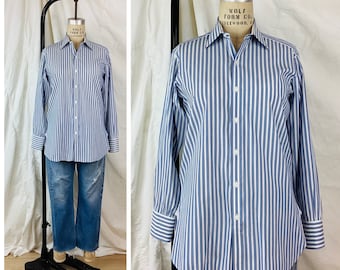 Vintage TURNBULL & ASSER Two Tone Blue and White Stripe Cotton Mens Dress Shirt / Made in London England / Trad Style / Bespoke