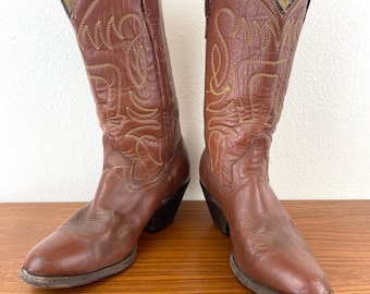 Vintage 1970s BROWN LEATHER & OSTRICH Cowboy Western Style Boots  Size 6.5