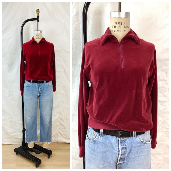 Vintage 1970s MAROON RED VELOUR Pullover Shirt