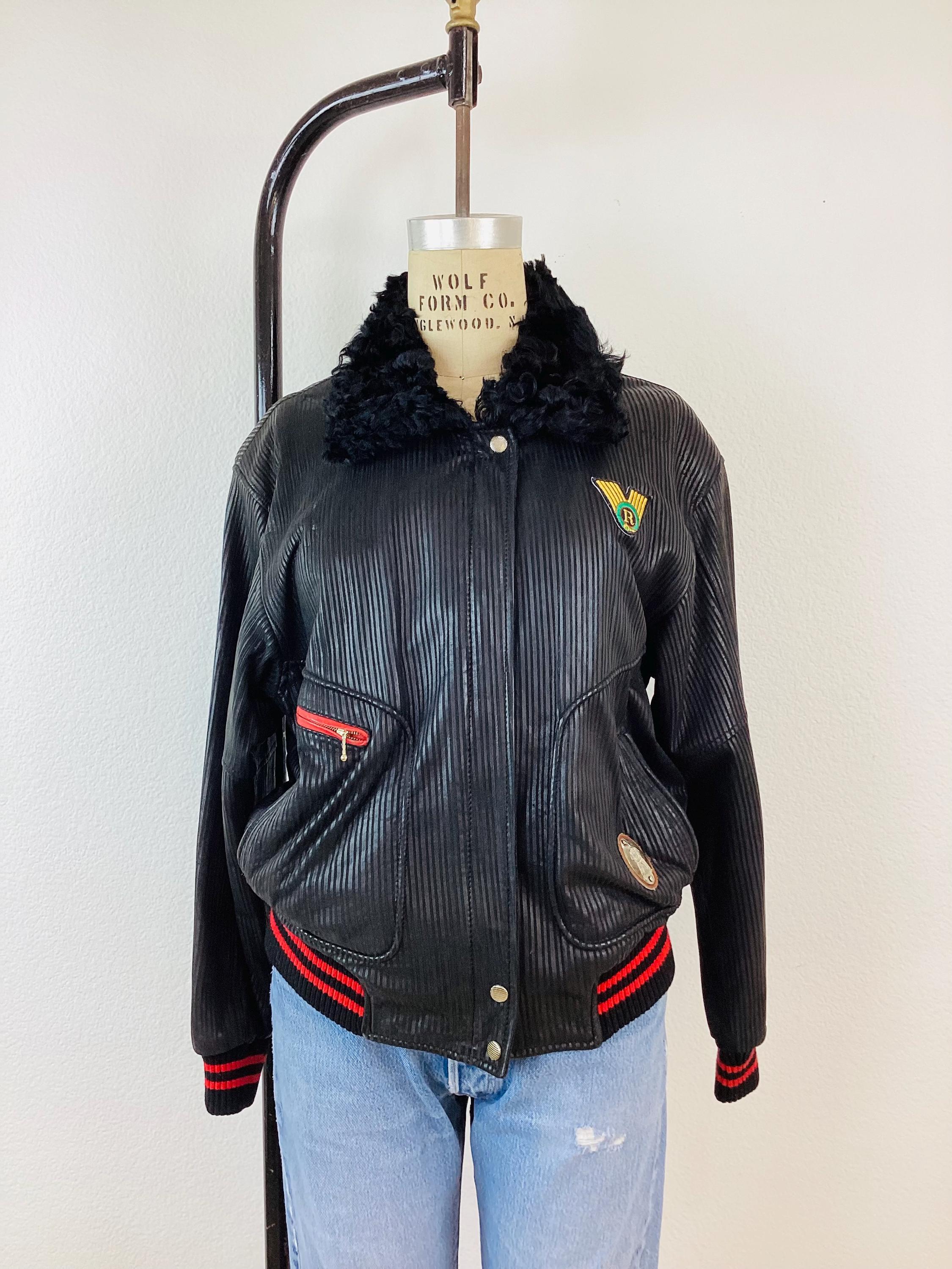 2025人気新作 BLACK 1980s Vintage Ribbed Bomber Hop Hip Collar Fur LEATHER ジャケット・アウター