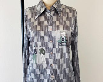 Vintage 1970s 20s FLAPPER Style CAR Polyester Button Up Disco Shirt