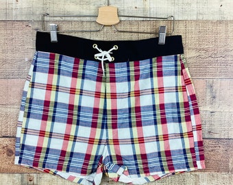 Vintage 1960s PLAID LACE UP Cotton Gantner Board Shorts / New Old Stock