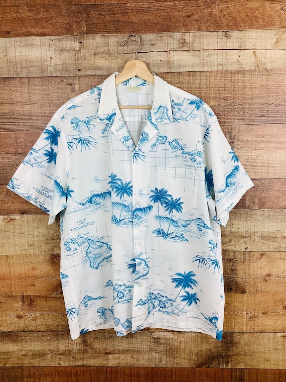 Vintage 1980s TURQUOISE Blue & White HAWAIIAN Map 