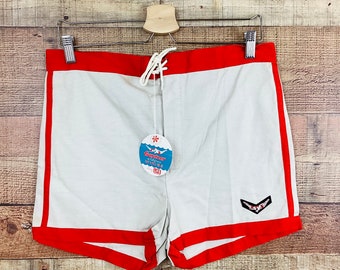 Vintage 1960s SAND BEIGE & RED Cotton Lace Up Gantner Board Shorts / New Old Stock