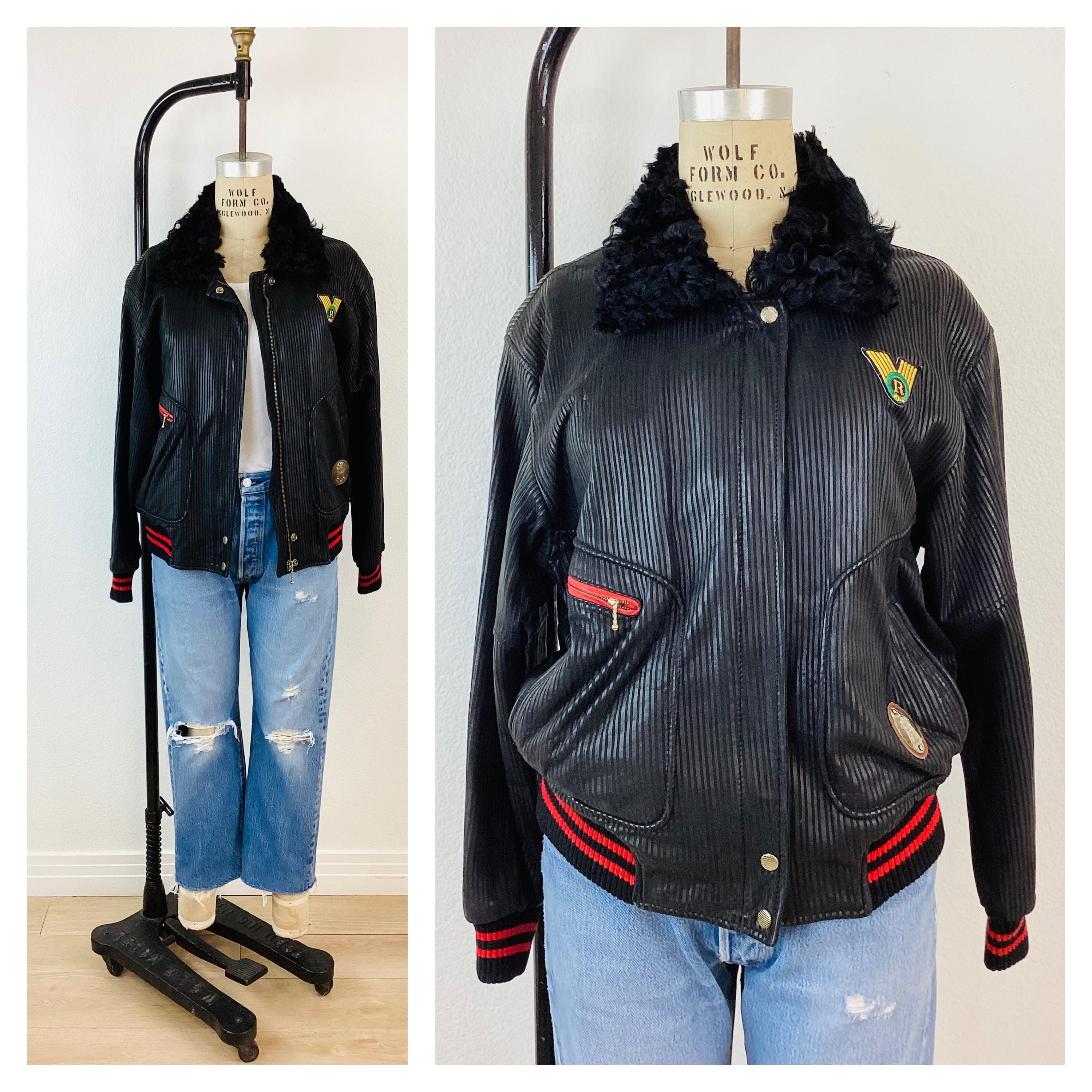 Vintage 1980s BLACK Ribbed LEATHER Fur Collar Hip Hop Bomber