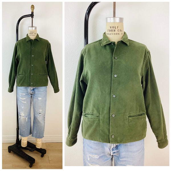 Vintage 1950s FOREST GREEN MOLESKIN Boxy Button Front Shirt / Jacket