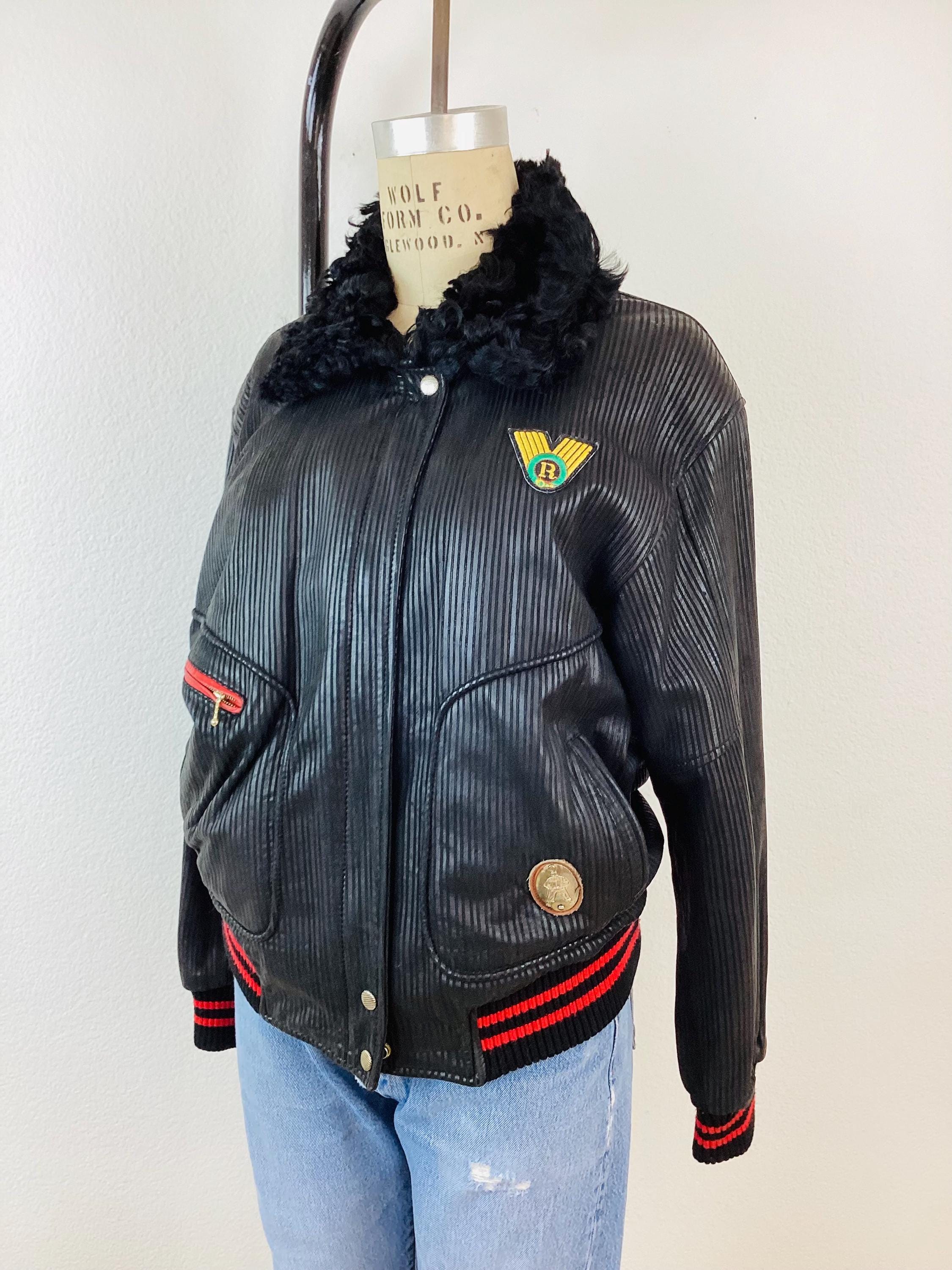 Vintage 1980s BLACK Ribbed LEATHER Fur Collar Hip Hop Bomber