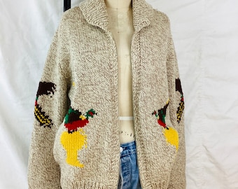 Vintage 1950s WILD TURKEY Shawl Collar Zip Front Hunting Theme Sweater / Cowichan Style