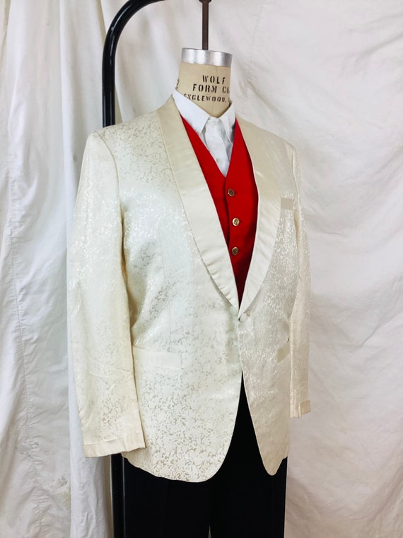 Vintage 1950s WHITE BROCADE TUXEDO Jacket / Black… - image 5