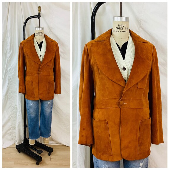 Vintage 1970s RUST SUEDE Leather Wide Lapel Belted