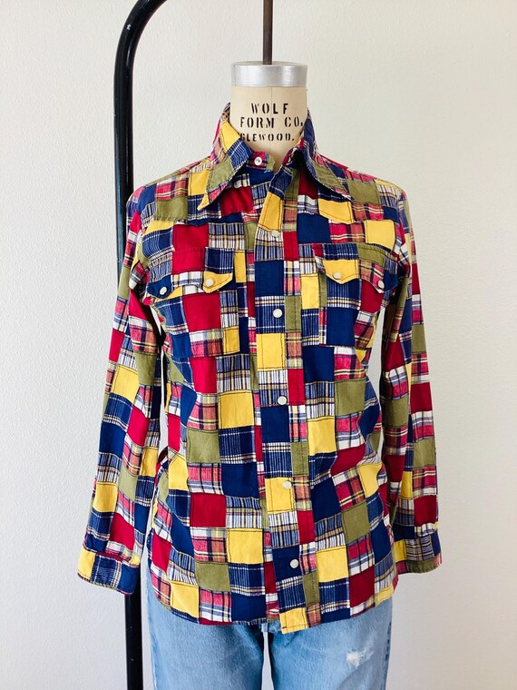 Vintage 1960s WESTERN Style PATCHWORK MADRAS Plai… - image 1