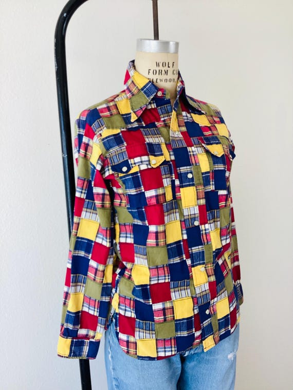 Vintage 1960s WESTERN Style PATCHWORK MADRAS Plai… - image 3