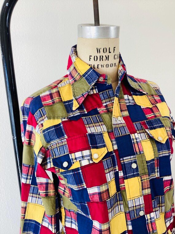 Vintage 1960s WESTERN Style PATCHWORK MADRAS Plai… - image 4