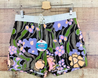 Vintage 1960s TROPICAL HAWAIIAN Floral Print Cotton Lace Up Gantner Board Shorts / New Old Stock