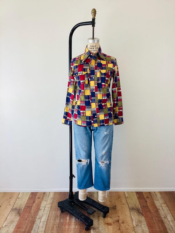 Vintage 1960s WESTERN Style PATCHWORK MADRAS Plai… - image 2