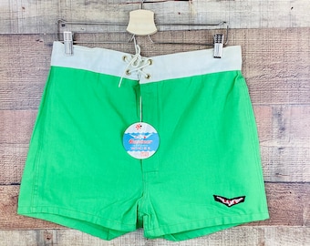 Vintage 1960s LIME GREEN Cotton Lace Up Gantner Board Shorts / New Old Stock