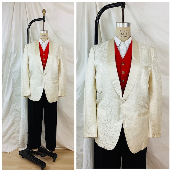 Vintage 1950s WHITE BROCADE TUXEDO Jacket / Black… - image 1