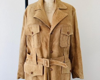 Vintage 1970s TAN SUEDE LEATHER Multi Pocket Belted Jacket