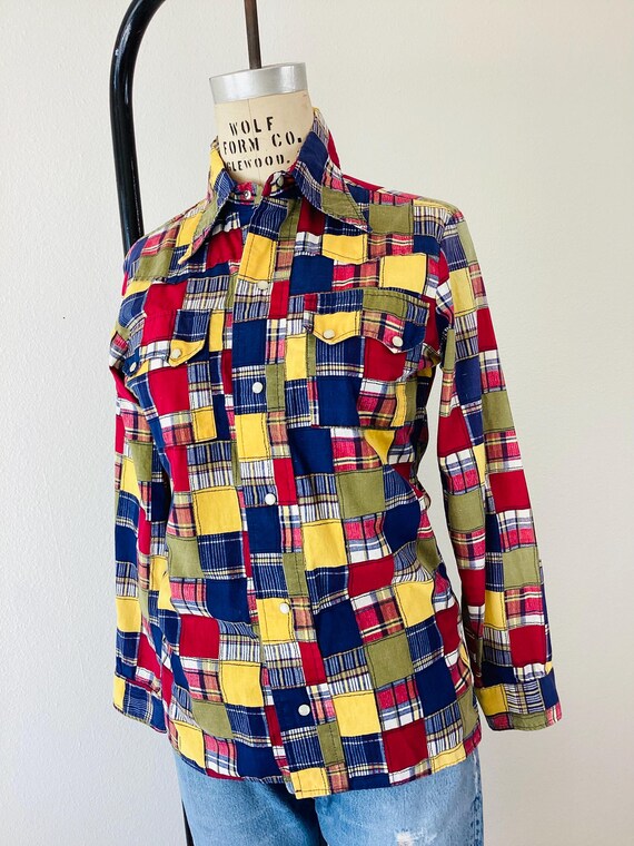Vintage 1960s WESTERN Style PATCHWORK MADRAS Plai… - image 5