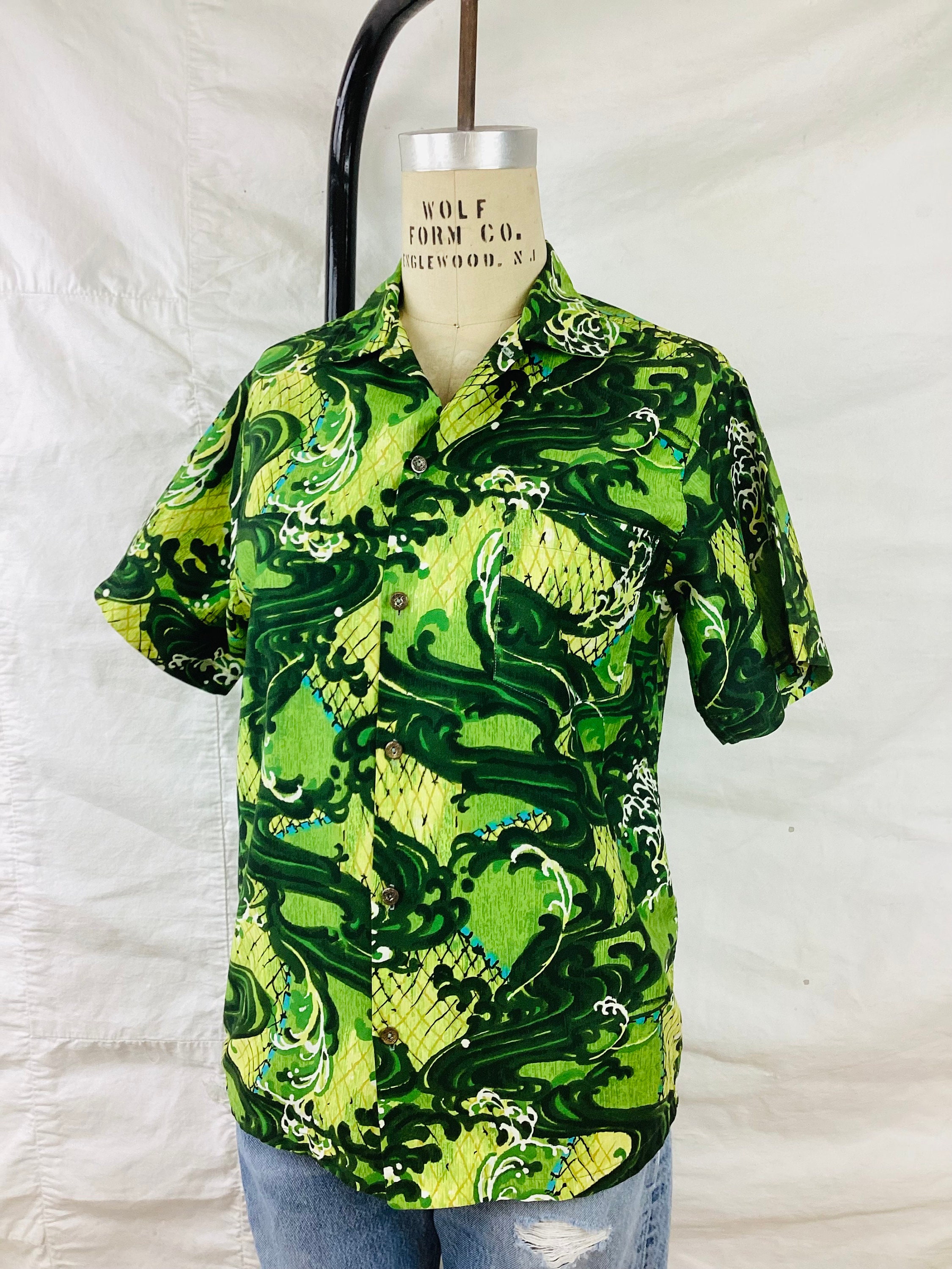 VTG HAWAIIAN MADE ALOHA SHIRT COTTON TIKI ROCKABILLY HAWAII SURF LONGBOARD LARGE