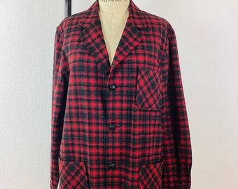 Vintage 1950s RED & BLACK PLAID Wool Pendleton Button Front Jacket