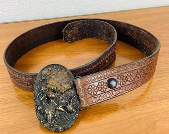 Vintage Artisan Brutalist Brass Belt With Pearl Rhinestone  display picture 3