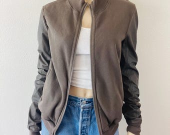 2000s RICK OWENS Grey Zip Up Leather Sleeve Sweatshirt Jacket