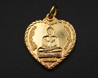 24K Gold Plated Over Copper "Luang Pho Tan Jai" or Instant Success Buddha Pendant, Luang Pho Tan Jai Buddha Amulet of Chiang Mai, Thailand