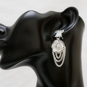 Hmong or Miao Silver Phiaj Flower with Chain Dangle Earrings