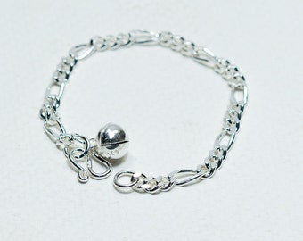Sterling Silver 925 Figaro Bracelet with Bell