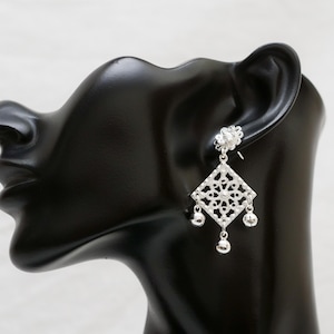 Hmong (Miao) Silver Flower and Square Earrings with Bells Dangle