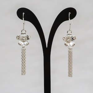 Small Silver Flower with Chain Dangle Earrings