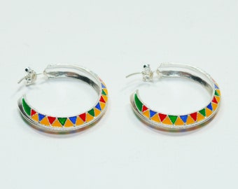 Colorful Silver Hmong Hoop Stud Earrings