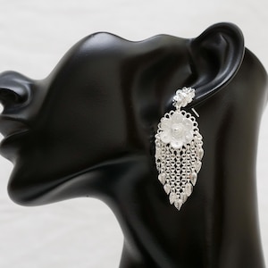 Hmong or Miao Silver Flower with Leaf Dangle Earrings