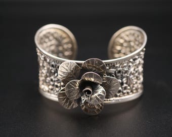 Artisan Hand-Forged Silver Flower Bangle - Traditional Repoussé & Chasing - 6.5 Inch