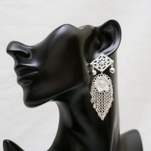 Hmong or Miao Square Flower with Leaf Dangle Earrings