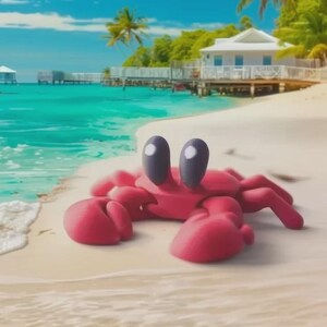 May include: A cartoon crab with large black eyes and red body rests on a sandy beach. The background features turquoise water, white buildings, palm trees, and a bright blue sky, creating a tropical scene.
