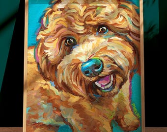 May include: A framed, colorful painting of a dog's face. The dog has brown fur, a blue nose, and a pink tongue. The background is a bright teal color. The painting is signed "PHELPS" in the bottom right corner.