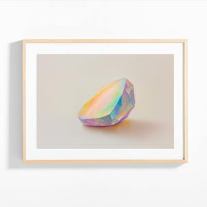 May include: A single, iridescent, light blue, pink, and yellow rock sits on a white surface. The rock is smooth and has a rounded shape.