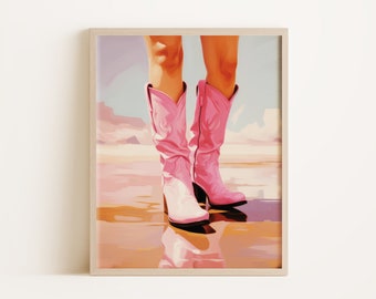 Girly Western Art Print | Pink Apartment Dorm Painting | Retro Cowboy Boots Wall Poster |  Digital Download Art Print