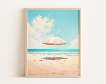 Watercolor Beach Painting | Pale Muted Beach Umbrella Print | Light Pink Pastel Aesthetic Art |Downloadable Print | Instant Digital Download