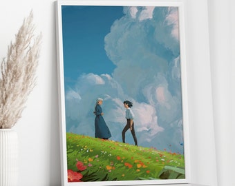 Howls bewegliches Schloss Poster Druck, Howl and Sophie Poster, Anime Poster, japanischer Vintage Reprint Wand-Dekor P0013