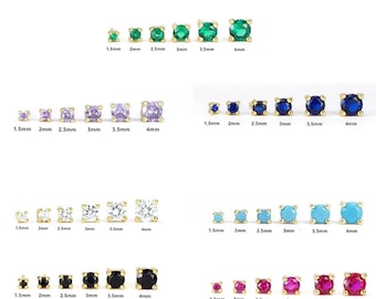 May include: Assortment of gold stud earrings with different colored gemstones. The earrings are available in sizes 1.5mm, 2mm, 2.5mm, 3mm, 3.5mm, and 4mm.