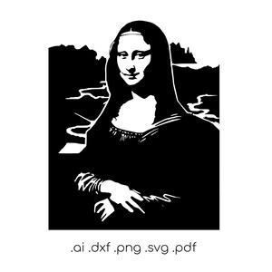 Puede incluir: Silueta en blanco y negro de la Mona Lisa, un famoso cuadro de Leonardo da Vinci. La imagen es una ilustración digital del cuadro.
