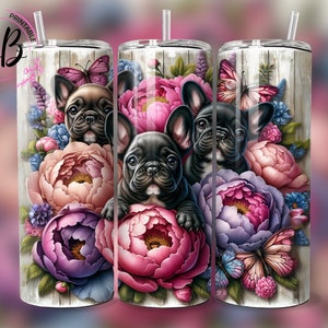 Floral French Bulldog Tumbler Wrap: 20oz Skinny Sublimation Design (PNG Download)