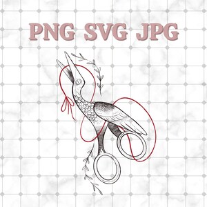 May include: A black and white line drawing of a pair of scissors with a bird design. The scissors are open and a red thread is wrapped around them. The background is a white marble pattern.