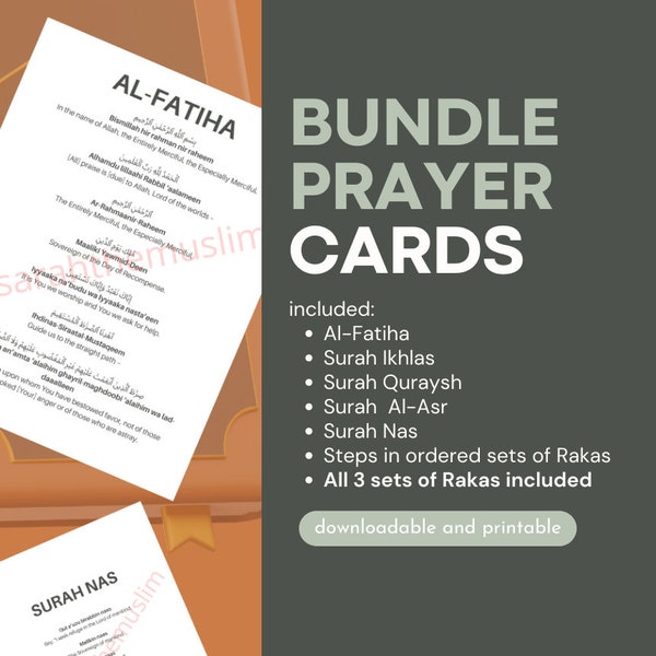 Muslim Prayer Translation Cards Bundle of 2, 3 and 4 Rakas in Arabic to English Printable or Downloadable