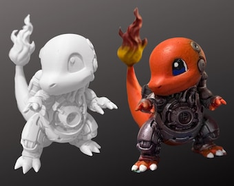 Mecha Salamèche - Statue peinte à la main OU modèle non peint - Figurine imprimée en 3D Pokemon Robot Cyborg - PLA+